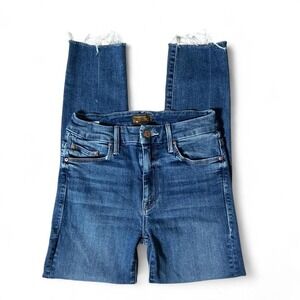 Mother High Waisted Looker Ankle Fray Jeans Walking On Coals Blue 24 1411-104